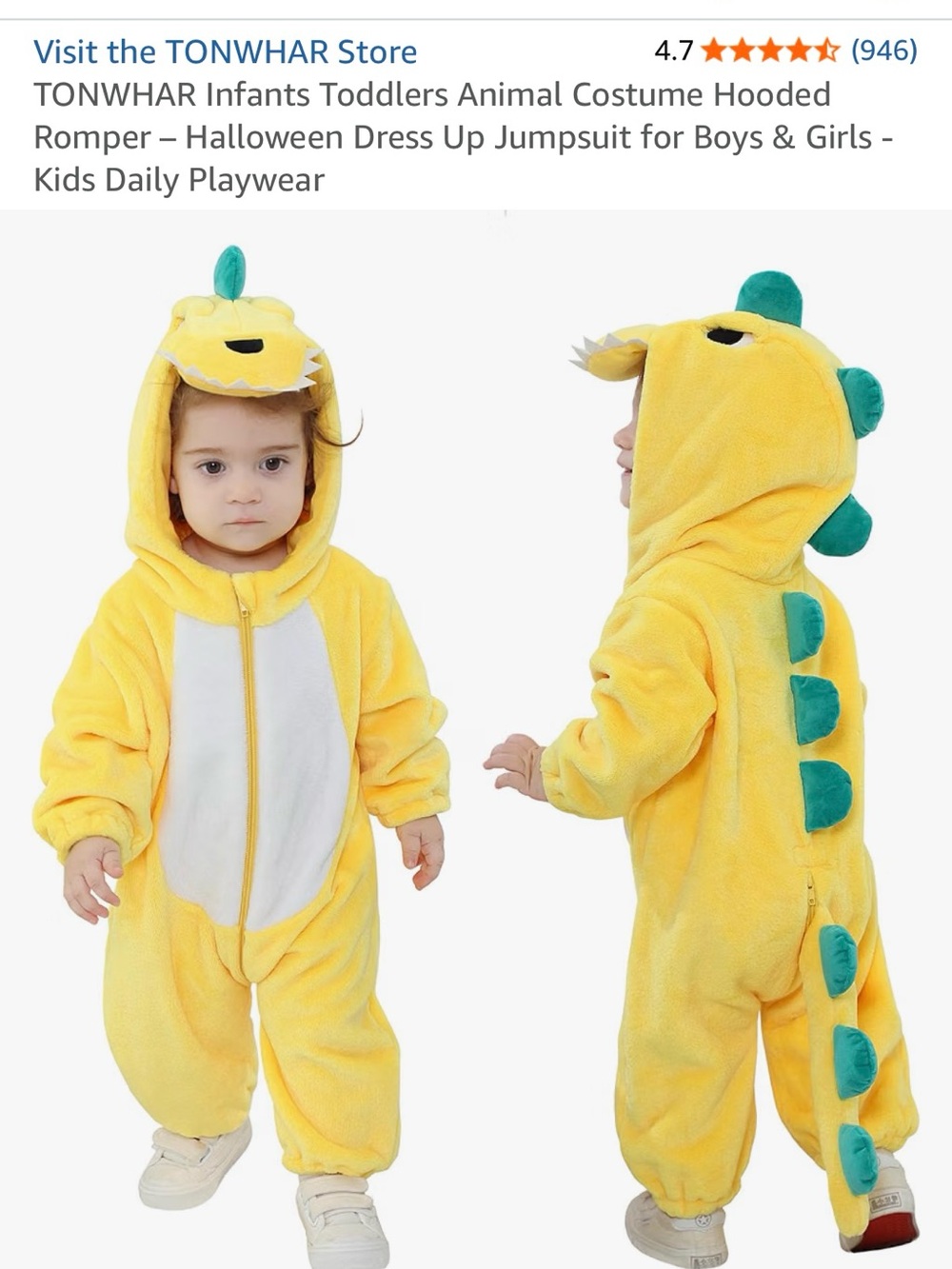 Kids Halloween Yellow Dino Hooded One-Piece Romper 3-4T